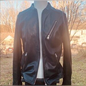 all saints Black Leather Jacket with Silver Zippers